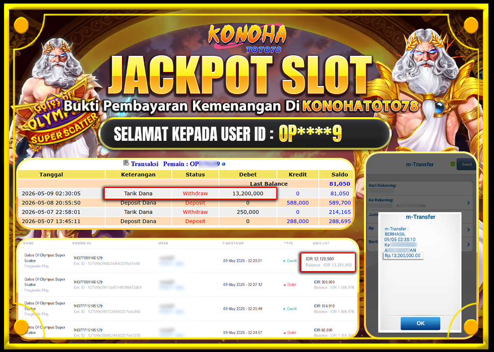 KONOHATOTO78 JACKPOT GATES OF OLYMPUS SUPER SCATTER Rp.13.200.000,-LUNAS